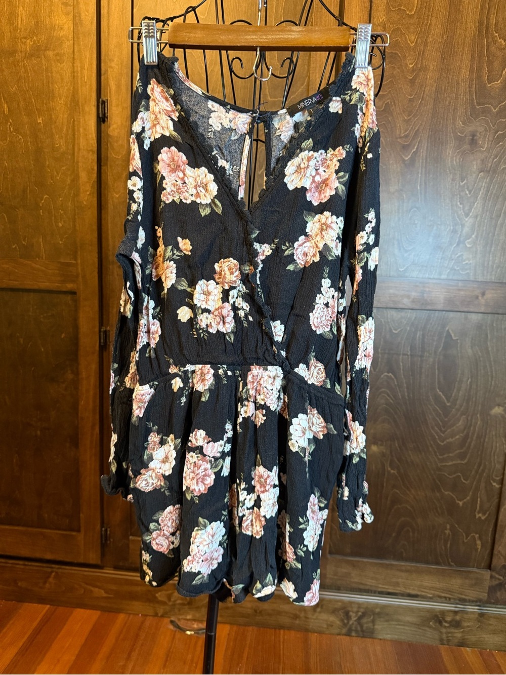Women's Black Floral Long-Sleeve Romper with Smocked Waist